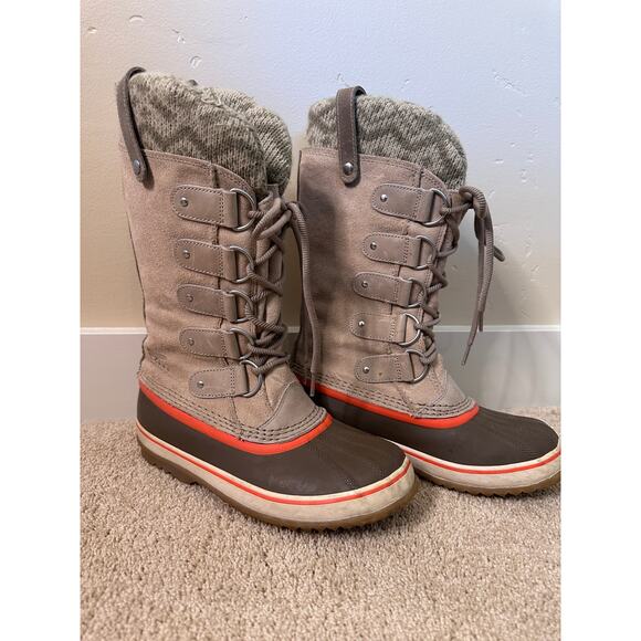 Sorel Joan of Arctic Waterproof Winter Knit Boot in Fossil Tan and Coral Accent - Picture 8 of 13